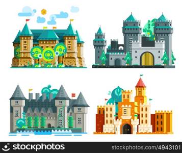 Colorful Castles Set. Colorful castles set of medieval era with towers and domes in flat style isolated vector illustration