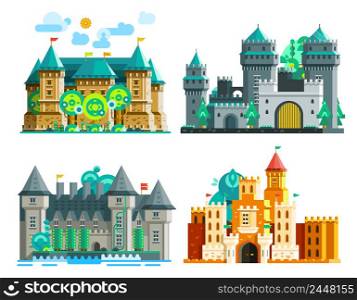 Colorful castles set of medieval era with towers and domes in flat style isolated vector illustration. Colorful Castles Set