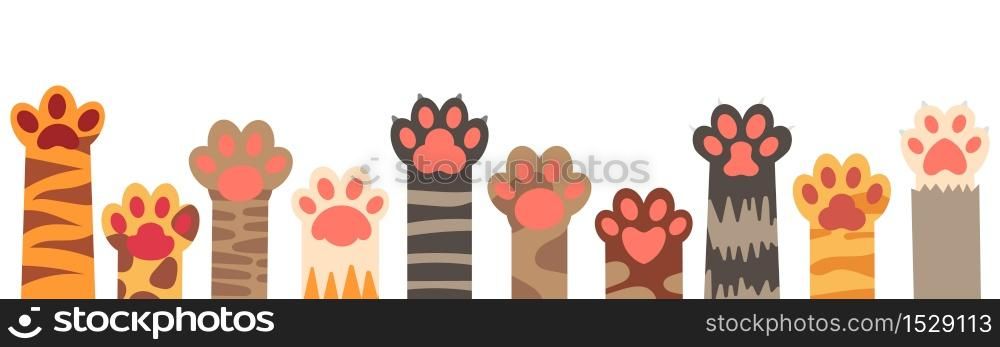 Colorful cat paws set. Cute feline claws with stripes and dots isolated on white background. Domestic animal clutches, furry and clawed pets or kittens footprint in row vector illustration. Colorful cat paws set. Cute feline claws with stripes and dots isolated on white background. Domestic animal