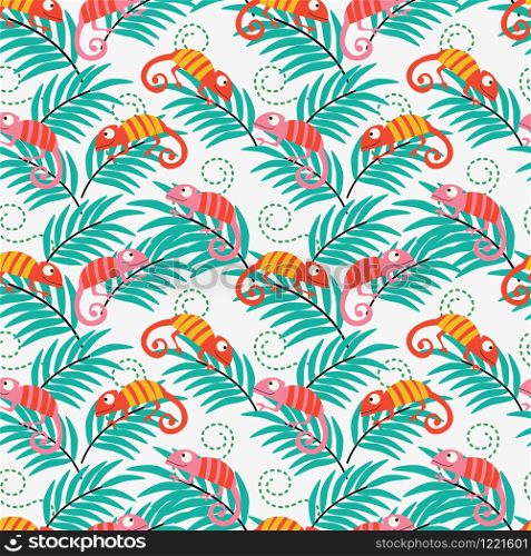 Colorful chameleon seamless pattern. Funny characters in cartoonish style. Tropical leaves pattern of chameleons.