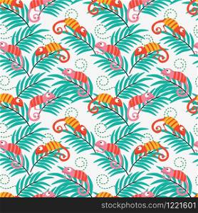 Colorful chameleon seamless pattern. Funny characters in cartoonish style. Tropical leaves pattern of chameleons.