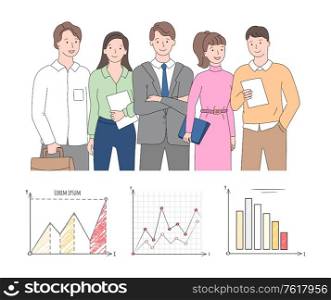 Colorful charts on squared paper, cartoon characters, closeup view of colleagues, rising arrows and columns on graph, infochart report, teamwork vector. Chart Report, Cartoon Character, Colleagues Vector