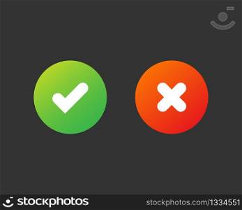 Colorful checkmark and cross mark. Checkmark and cross symbol on dark background. Positive and negative. Yes or no. Verification. Exam result. Vector EPS 10