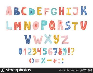 Colorful childish alphabet, letters and numbers vector illustration.. Colorful childish alphabet, letters and numbers vector illustration