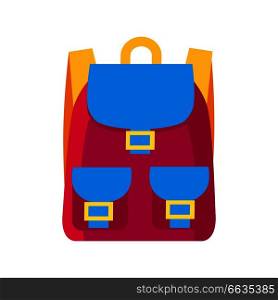 Colorful childish pink rucksack with golden clasps, yellow straps and blue pockets. Vector illustration of bag isolated on white background. Colorful Childish Backpack Vector Illustration