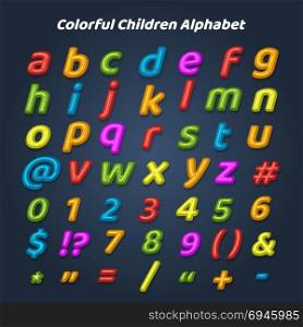 Colorful children alphabet. Colorful children alphabet. Cartoon drawing childhood style letters and numbers for kids, vector illustration