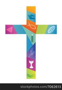 Colorful christian cross with christian symbols
