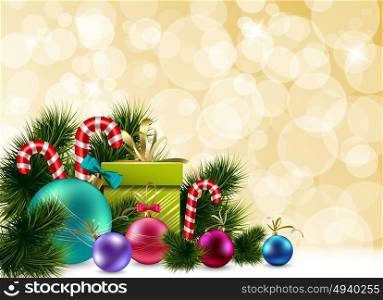 Colorful Christmas Background. Colorful Christmas template with fir branches balls candies and present box vector illustration