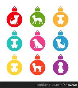 Colorful Christmas Balls with Different Dogs. Set Simple Balls Isolated on White Background - Illustration Vector. Colorful Christmas Balls with Different Dogs