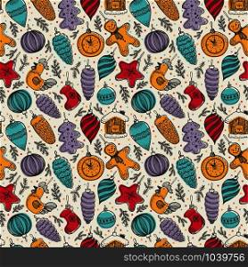 Colorful christmas elements seamless pattern background. Colorful cute christmas elements seamless pattern background in retro style