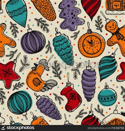 Colorful christmas elements seamless pattern background in retro style. Colorful cute christmas elements seamless pattern background in retro style