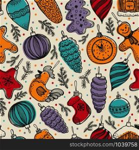 Colorful christmas elements seamless pattern background in retro style. Colorful cute christmas elements seamless pattern background in retro style