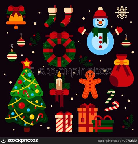 Colorful christmas items. Xmas stocking, garland lights for fir tree and Santa gifts. Winter holidays wreath stockings, lollipop bell gingerbread and balls decor elements vector icons set. Colorful christmas items. Xmas stocking, garland lights for fir tree and Santa gifts. Winter holidays wreath decor elements vector set