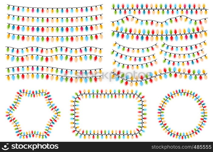 Colorful Christmas lights and frames, vector eps10 illustration. Christmas Lights