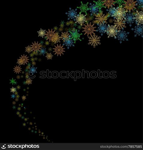 Colorful christmas snowflakes blizzard stream in the darkness