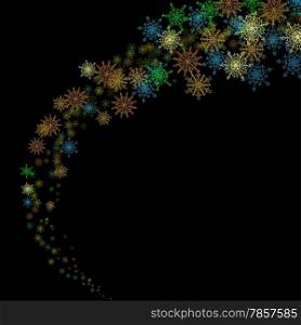 Colorful christmas snowflakes blizzard stream in the darkness