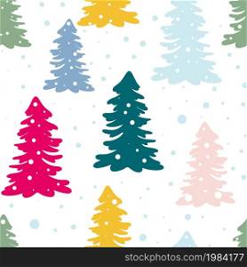 Colorful Christmas trees seamless pattern. Trees and snow, festive new year background. Template for packaging, gifts, fabric and wallpaper, vector illustration.. Colorful Christmas trees seamless pattern.