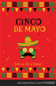 Colorful cinco de mayo festival invitation poster template. Festive red design concept with funny face, cocktail, mustache and sombrero. Vector illustration for restaurant menu or web banner.. Funny face cinco de mayo red invitation poster