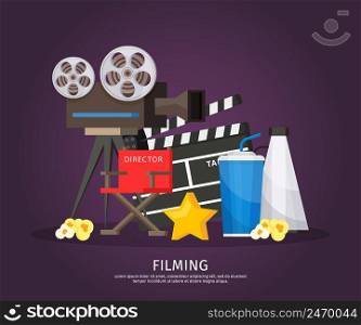 Colorful cinematography template with camera director chair megaphone clapboard soda star and popcorn isolated vector illustration. Colorful Cinematography Template