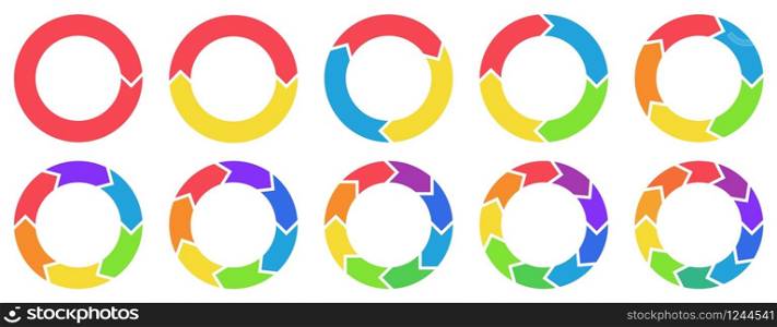 Colorful circle arrow charts. Multicolor spinning arrows, repeat circle combinations and reload icon vector set. Business strategy workflow process infographic elements, circular statistics diagrams. Colorful circle arrow charts. Multicolor spinning arrows, repeat circle combinations and reload icon vector set