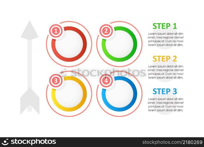 Colorful circles with arrow infographic chart design element set. Abstract symbols. Kit with shapes for instructional graphics. Visual data presentation. Calibri Bold, Questrial Regular fonts used. Colorful circles with arrow infographic chart design element set
