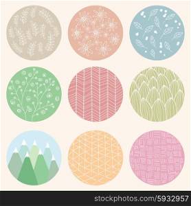 Colorful circles with flower and line patterns, vector illustration