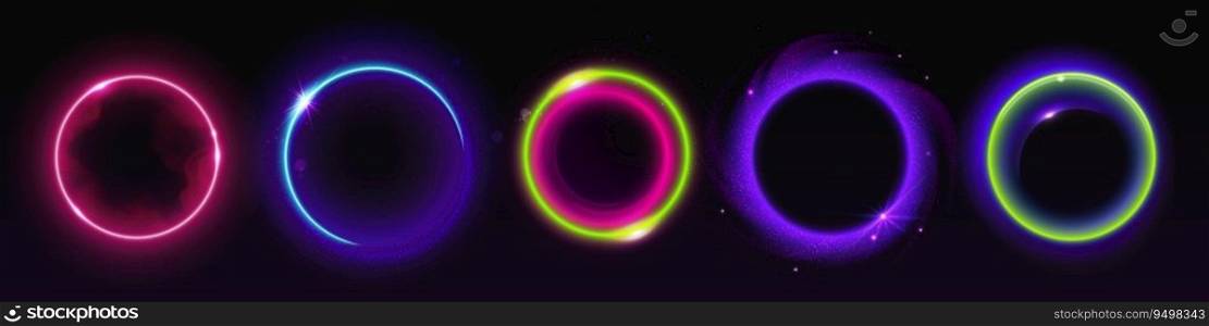 Colorful circular light flare effects isolated on dark black background. Vector realistic illustration of neon rings glowing, sparkling with shimmering particles and smoke, space halo, energy vortex. Colorful circular light flare effects