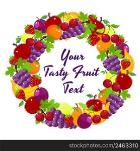 Colorful circular wreath of fresh fruit around central blank copyspace for yout text with lemons  oranges  grapes  strawberries  cherries  banana  apple and plums  vector illustration