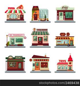 Colorful city buildings set with facades of stores shops restaurants and cafes isolated vector illustration. Colorful City Buildings Set