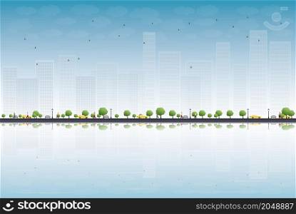 Colorful city panorama and place for text. Vector illustration
