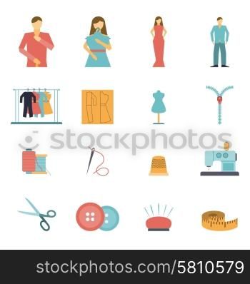 Colorful clothes and fashion designer tools and materials flat icon set isolated vector illustration. Fashion designer tools icon set