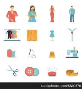 Colorful clothes and fashion designer tools and materials flat icon set isolated vector illustration. Fashion designer tools icon set