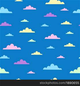 Colorful clouds on blue background seamless pattern. Vector illustration.