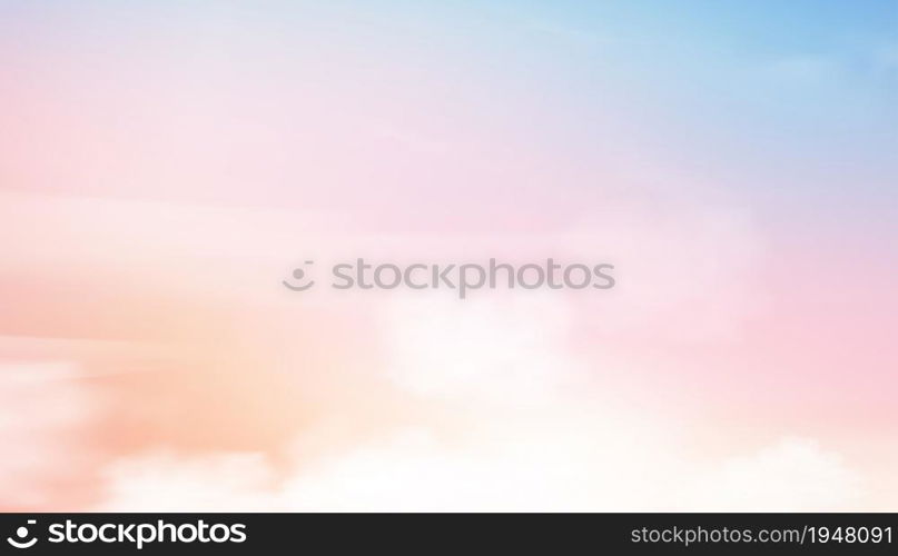 Colorful cloudy sky with fluffy clouds with pastel tone in blue,pink and orange in morning,Fantasy magical sunset sky on spring or summer,Vector illustation sweet background for holiday banner