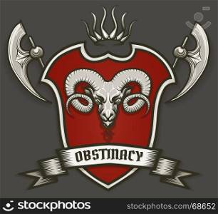 Colorful coat of arms with Ram Head. Vector heraldic emblem with axes and ribbon