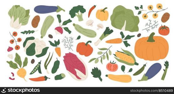 Colorful collection of fresh organic vegetables and edible greens. Set of summer and autumn farm harvest, natural crops, salads, herbs. Healthy vegetarian food. Illustration in flat style.