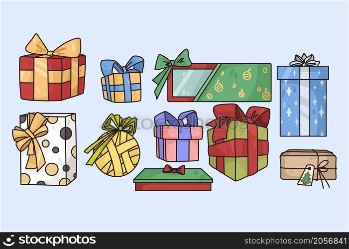 Colorful collection of gifts wrapped with bows for New Year winter holidays. Set of presents packages for Christmas eve celebration. Greeting and congratulation. Birthday. Vector illustration. . Set of colorful Christmas wrapped presents
