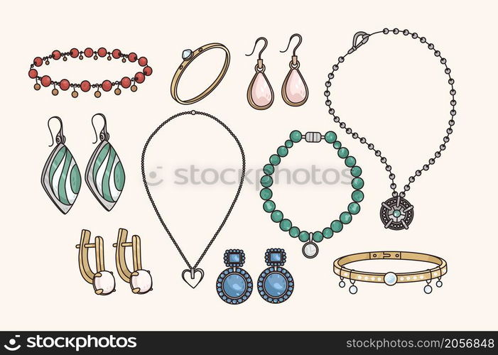 Colorful collection of jewelry with precious gemstones. Set of women accessories with pearls and stones. Earrings, necklace and bracelet. Gem jewels for fashion boutique. Flat vector illustration. . Collection of jewelry set with precious stones