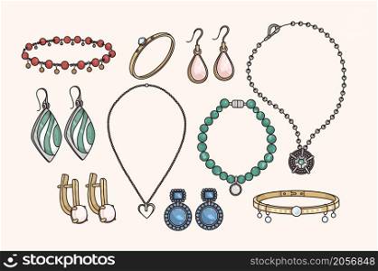 Colorful collection of jewelry with precious gemstones. Set of women accessories with pearls and stones. Earrings, necklace and bracelet. Gem jewels for fashion boutique. Flat vector illustration. . Collection of jewelry set with precious stones