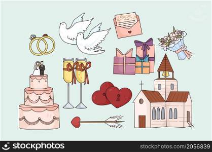 Colorful collection of marriage or engagement special event. Set of wedding icons or items. Celebrate getting married or engaged. Bid day for couple. Flat vector illustration. . Set of wedding or marriage icons