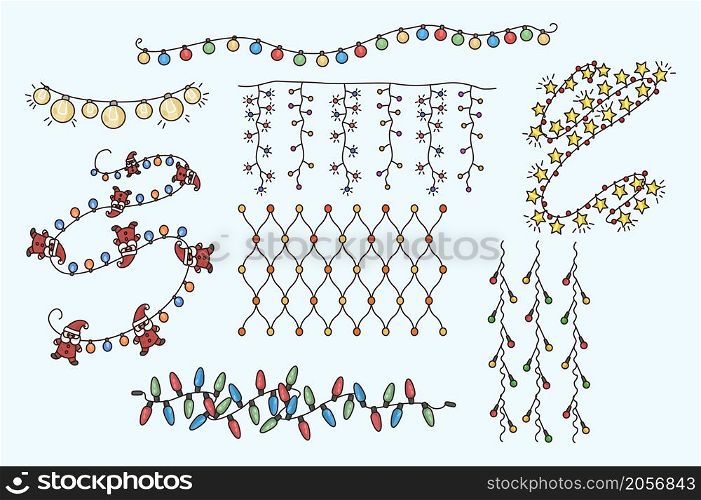 Colorful collection of various light garlands for New Year interior decoration. Set of lighting wreath for Christmas house or fir-tree decor. Winter holiday season. Flat vector illustration. . Collection of light garland for Christmas tree decoration