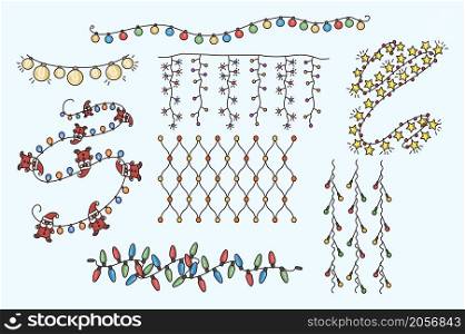 Colorful collection of various light garlands for New Year interior decoration. Set of lighting wreath for Christmas house or fir-tree decor. Winter holiday season. Flat vector illustration. . Collection of light garland for Christmas tree decoration