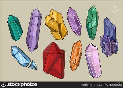 Colorful collection of various natural stones. Set of different size and shape precious gemstones. Minerals and crystals isolated. Semi-precious gems. Flat vector illustration. . Set of various natural stones and minerals