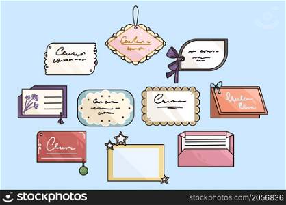 Colorful collection of various postcards for happy birthday or anniversary greeting. Set of different cards congratulating with special occasion or event. Celebration concept. Vector illustration. . Collection of various postcards for occasion