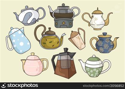 Colorful collection of various teapots for tea ceremony. Set of different kitchen utensils or kettles for hot beverage. Household appliances or kitchenware. Flat vector illustration. . Colorful set of various kettles or teapots