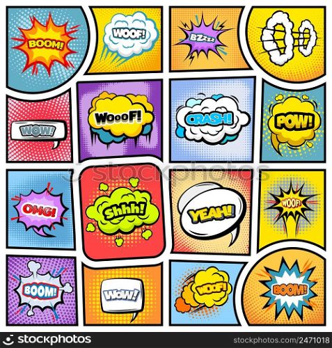 Colorful comic book background with speech bubbles clouds wording explosion dotted halftone and sound effects vector illustration. Colorful Comic Book Background