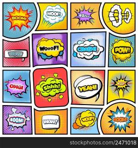 Colorful comic book background with speech bubbles clouds wording explosion dotted halftone and sound effects vector illustration. Colorful Comic Book Background