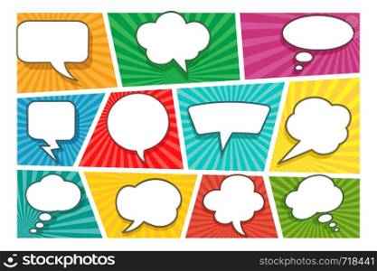 Colorful comic book page background with different blank white speech bubbles in pop-art style. Vector illustration