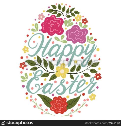 Colorful composition Happy Easter, inscribed in the shape of an egg. Transparent background. Vector