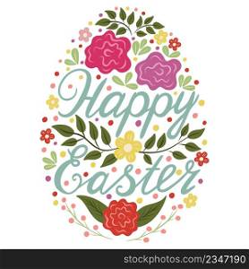 Colorful composition Happy Easter, inscribed in the shape of an egg. Transparent background. Vector